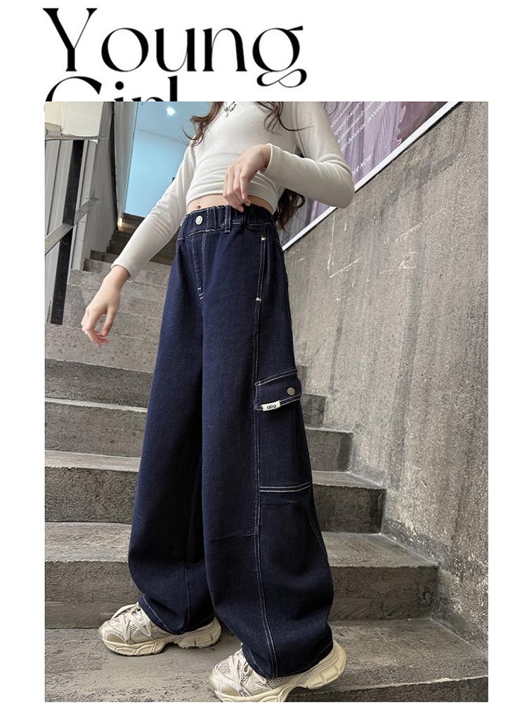 Dívčí podzimní ležérní cargo kalhoty - Džínové kalhoty s širokými nohavicemi pro děti