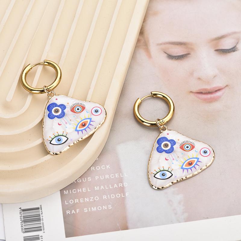 Trendy Colorful Eye Heart Star Moon Pattern Stainless Steel Hoop Earrings Woman Big Vintage Statement Geometric Enamel Jewelry