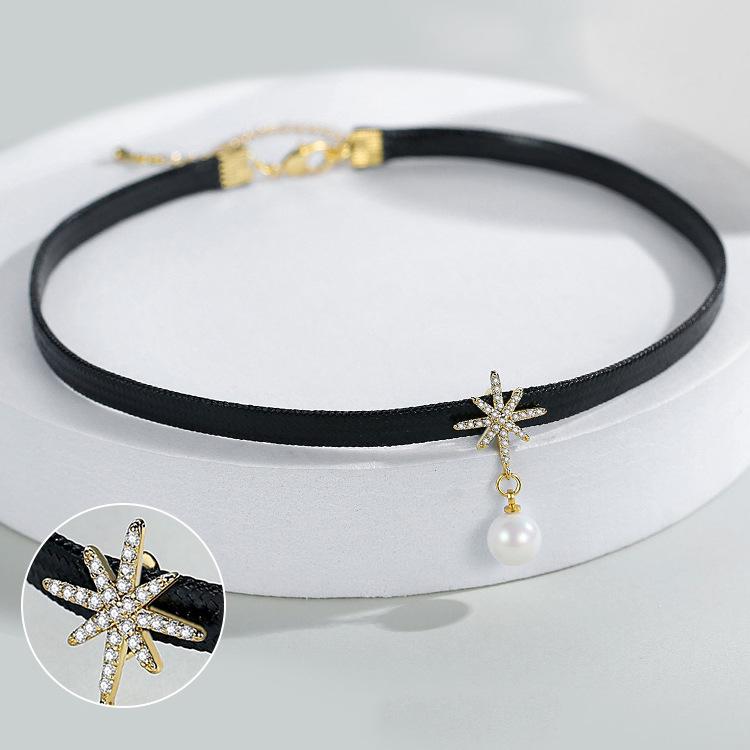 Åtte-spiss stjerne perlekjede - Dame svart lås kragebenskjede, 2025 trend
