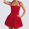 Women's Summer Pleated Backless Sexy Lace Up One Line Neck Princess Dress
