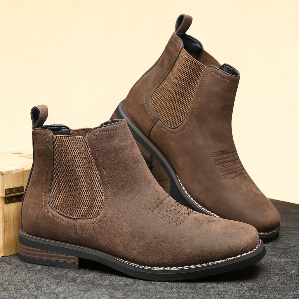 Ghete Chelsea pentru bărbați, Ghete casual din piele, Ghete retro până la gleznă pentru bărbați, Cizmă cowboy western cu broderie