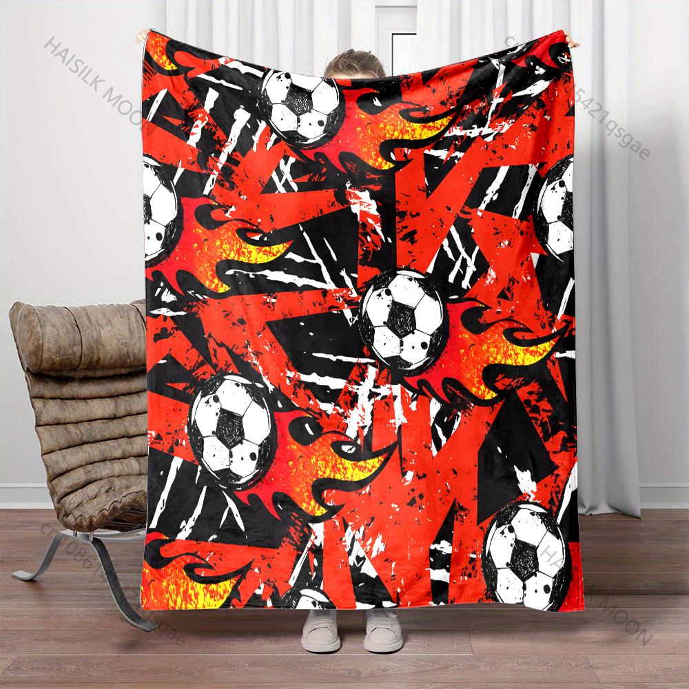 Multisize Football Theme Red Background Blanket Warm Soft Luxury Gifts for Children Adults Suitable for Home Sofa Bed Travel RV