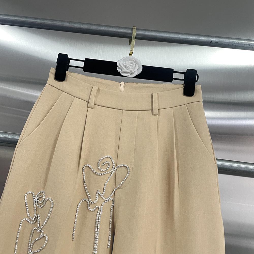 Elegant Spring/Summer 2026 Rhinestone Tassel Two-Piece Suit: Round Neck Top & Straight-Leg Pants