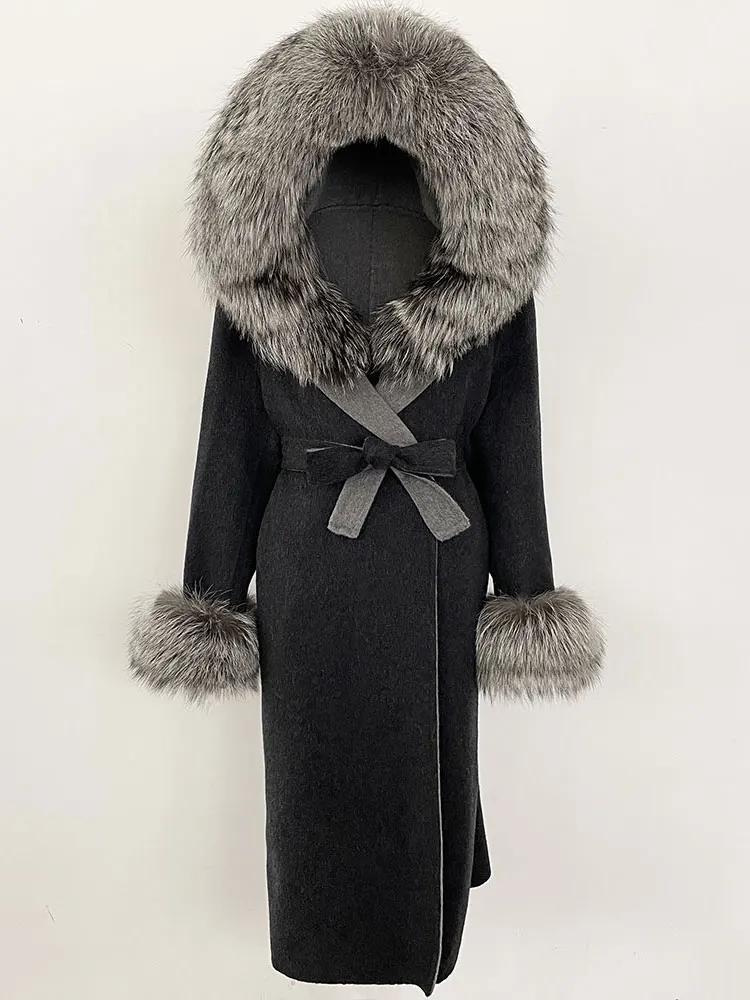 OFTBUY Winter Women Coat Real Natural Fox Fur Hooded Detachable Collar Double-faced Woolen Jacket Long Casual Elegant Overwears