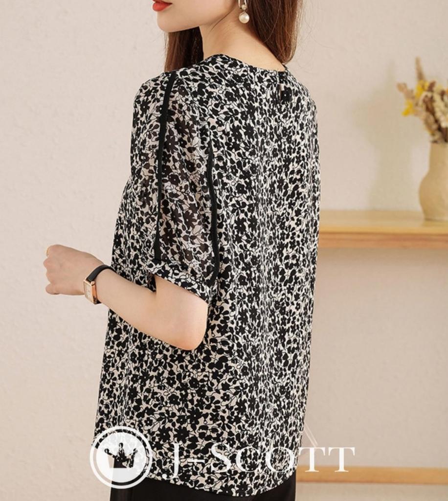 Botanical Pattern Chiffon Puff Upper Arm Floral Monotone Slender Spring Spring Easy Care 5 Class S Work Fall Fashionable Black [J-Scott] [Limited