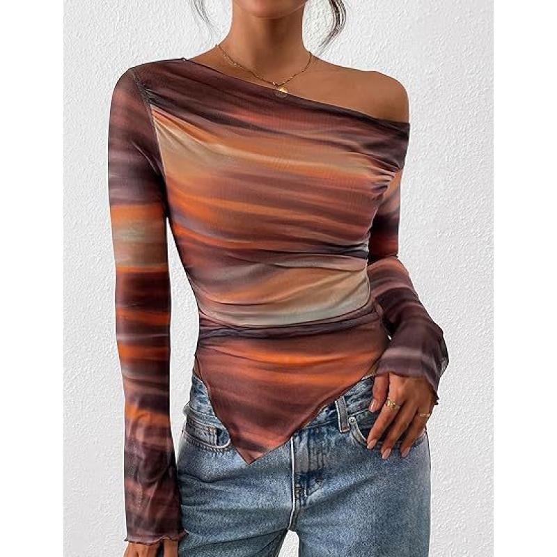 Autumn Women Off Shoulder Tie Dye Mesh Long Sleeve Asymmetric Ruched Flower Pattern Female Tops