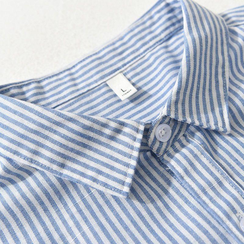 Summer Japan fashion Retro Vertical Stripes Short sleeve Shirts Men's Casual Thin Half Sleeve Shirt New Washed Bunchy Yarn