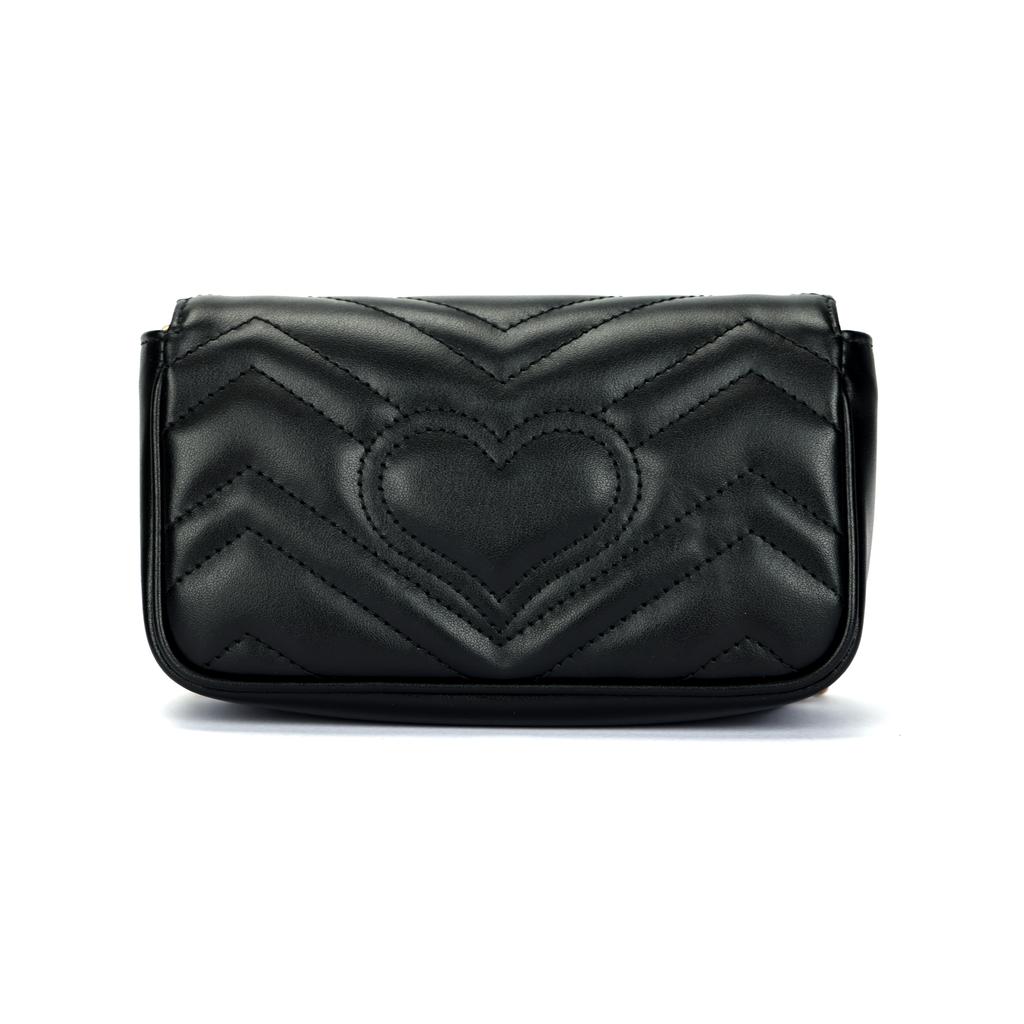 Gucci Gg Marmont Gold Retro Doppel G Logo Mit Schlüsselring V-förmig Genähtes Leder Und Rindsleder Einzelne Schulter Umhängetasche Ultra-Mini Damen Schwarz