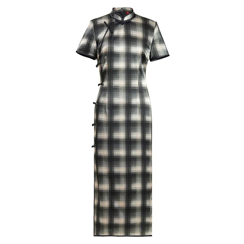 Silk cheongsam mulberry silk high-end dress women's summer retro black and white plaid Chinese style small people can wear