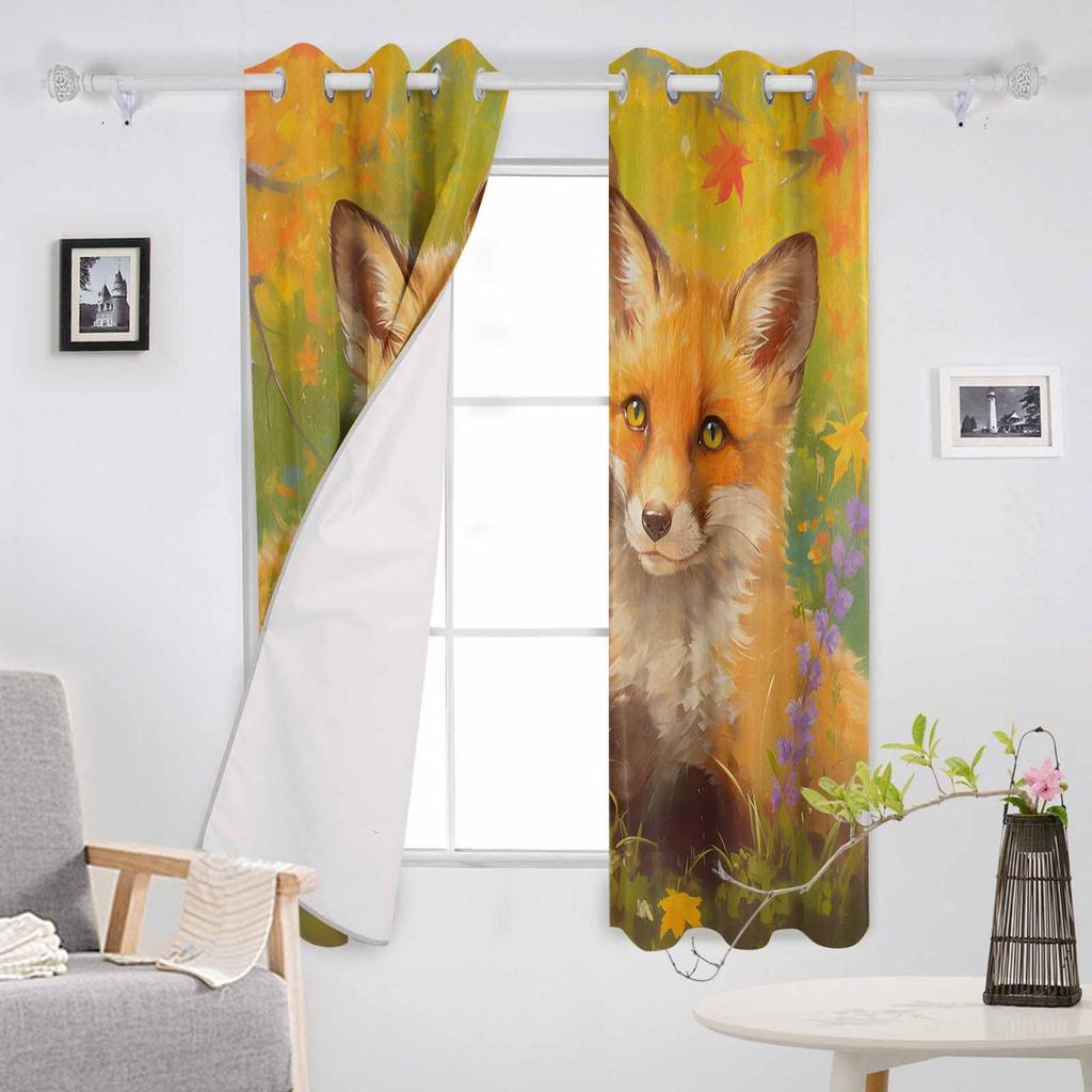 Two Foxes With Maple Leaves In Autumn Blackout Curtains For Living Room Bedroom Window Treatment Blinds Drapes