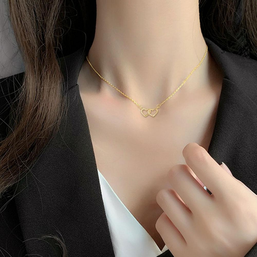 Edelstahlkette Goldfarbe Romantischer Zirkon Doppelherz Anhänger Halsketten für Damen Mädchen Zarte Accessoires Geschenke