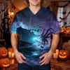 Men's Halloween Print V-Neck Scrub Top with Pocket Short Sleeve Uniform Shirt