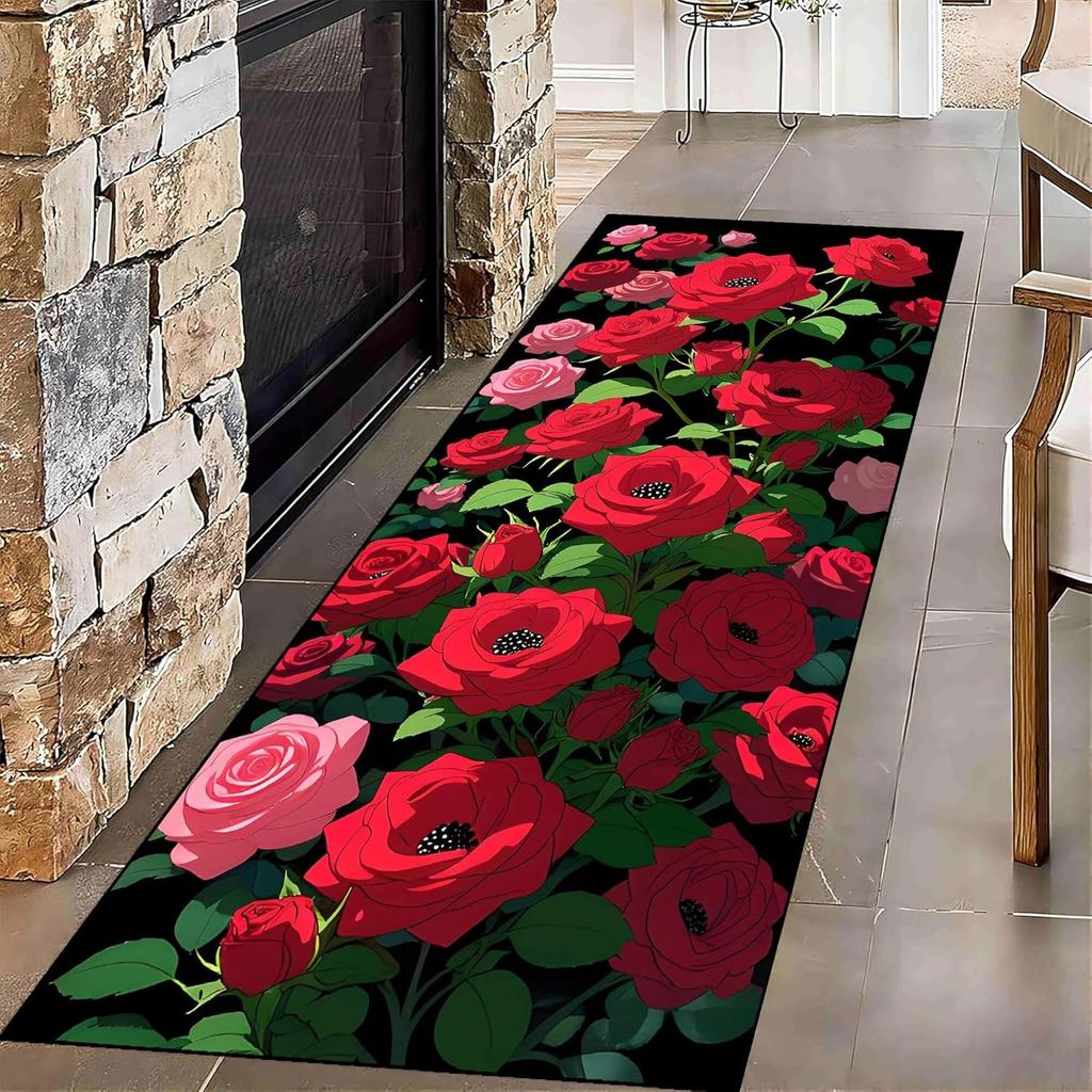 Roter Rosen Herzmuster Läufer Teppich Illustrierte Kunst Heimdekor Flur Teppich Vintage Romantische Rutschfeste Matte für Wohnzimmer