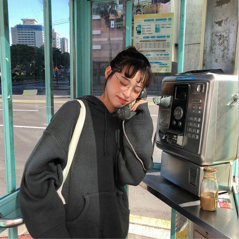 

Сплошной цветной свитер с капюшоном, женский осенне-зимний свободный пуловер, свитер, дикая куртка S чёрный