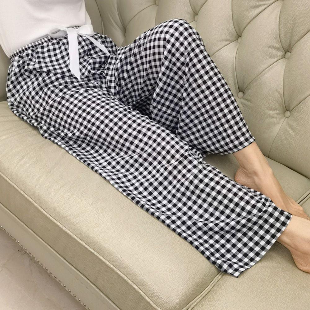 Sweet Plaid Pajama Pants High Waist Wide Leg Home Trousers Soft Casual Pants Women Spring Autumn