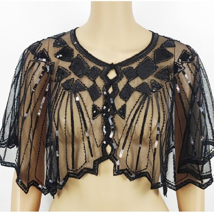 Delicate Sequins Adorned Capelet Shoulder Wrap Breathable Mesh Fabric Scarf Shawl With Intricated Beadwork Design