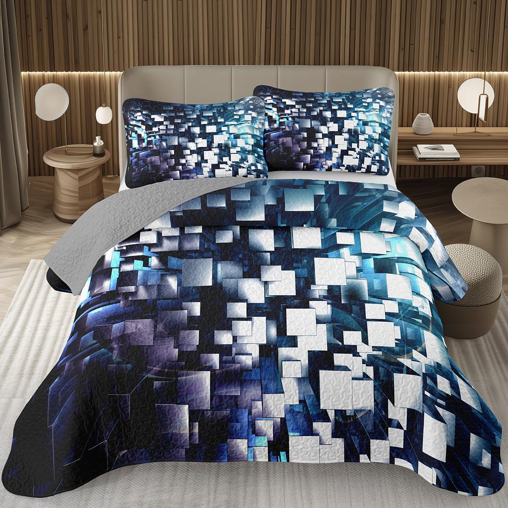Geometric Quilted Bedspread Full King 3D Stereoscopic Square Bedding Set Modern Fashion Geometry Coverlet Set for Girls Teens