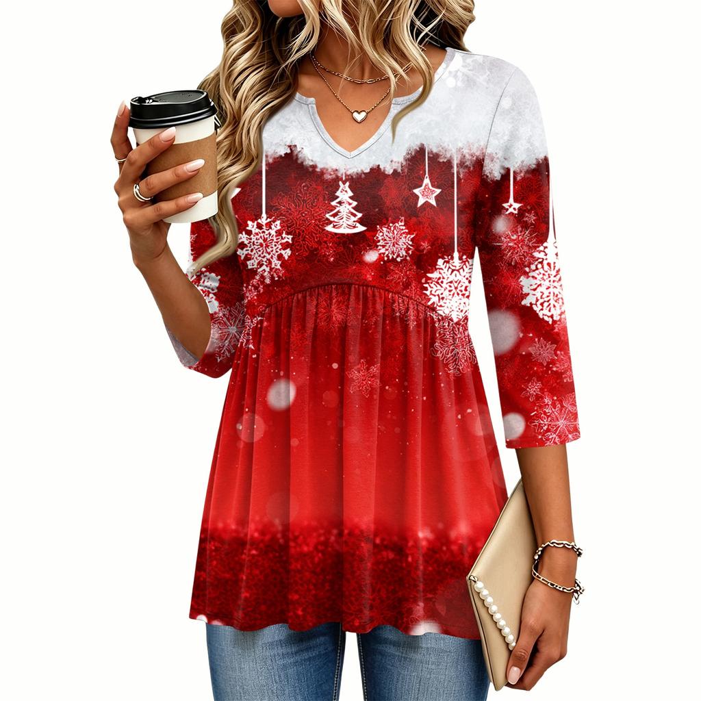 Women's Fashion Casual Christmas Print V-Neck Three-Quarter Sleeve Blouse