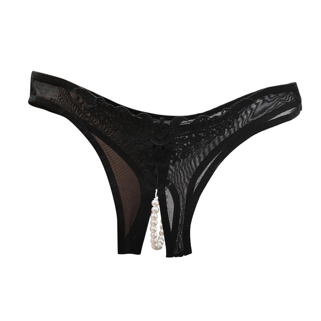 Sexy Hollow Out Crotchless Panties For Women Pearl Low Waist Lace Sheer Mesh Underwear Transparent Beaded Embroidered Thongs