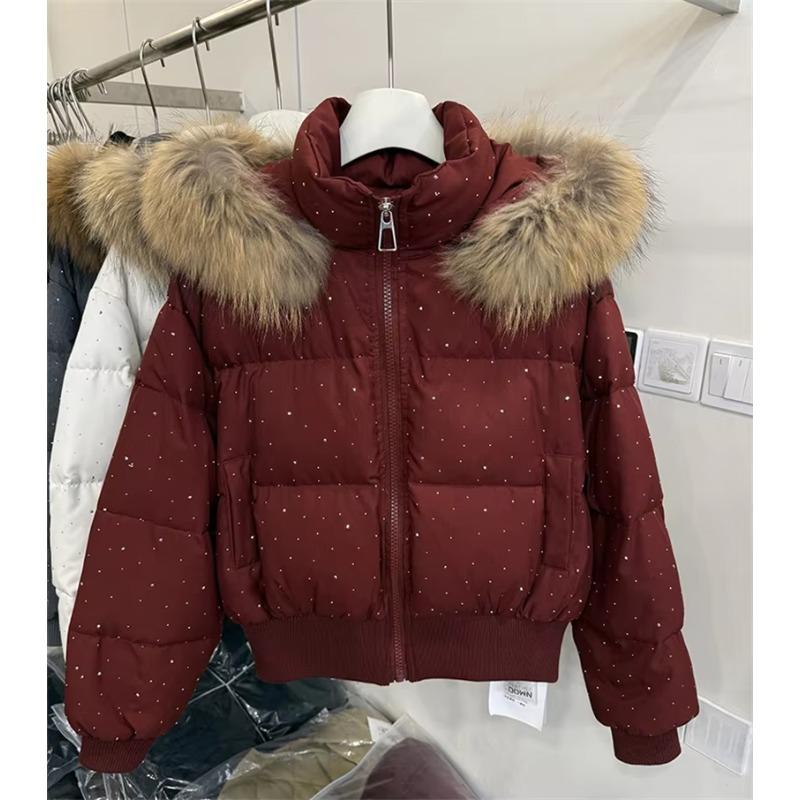 Winter Fur Collar Hooded Padded Short Coat Women Shiny Rhinestone Puffer Jacket Casual Zip Up Outerwear