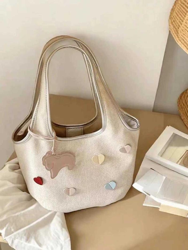 Summer Niche Sweet Love Canvas Handbag Versatile Fashion Commuter Shoulder Vegetable Basket Bag 28*8*18cm