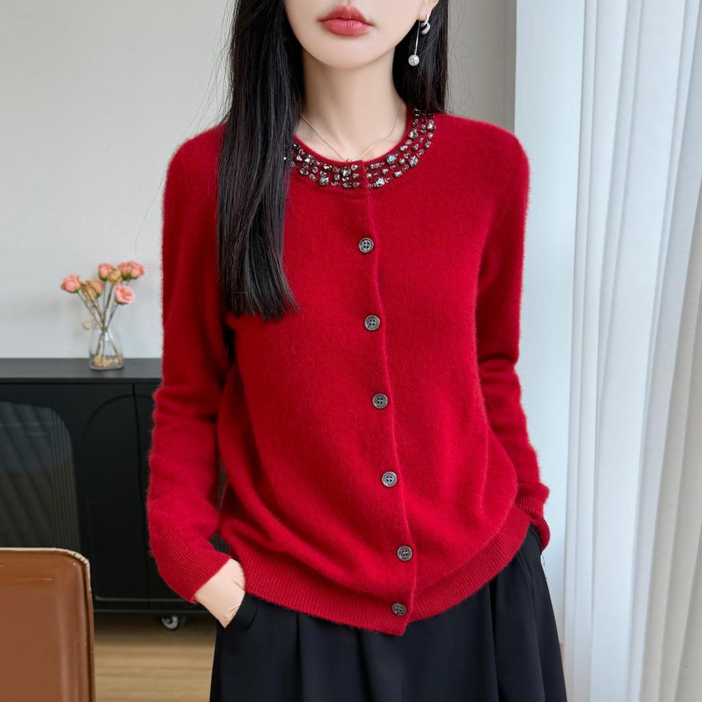 2026 Autumn/Winter Women's Pure Wool Round Neck Rhinestone Knit Cardigan Sweater