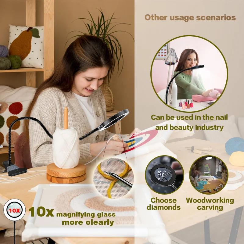 5/10X Magnifying Glass with Clip 28/56LED Magnifier Lamp 3 Color Mode 10 Brightness Dimmer 360° Flexible Gooseneck Lights