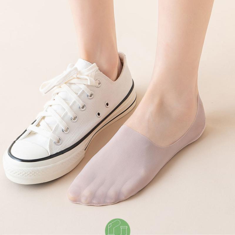 5 Pairs Women's Summer Thin Ice Silk Mesh Socks Cotton Base Solid Color Invisible Sweat Absorbent Non-slip No Heel Drop