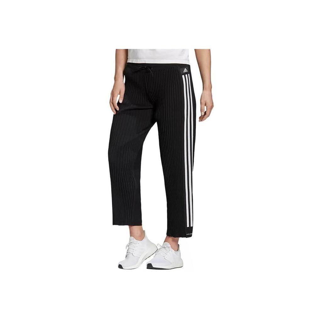 Adidas Gestrickte Plisseehose Logo Streifen Kordelzug Vintage Sport Gerade Freizeithose Damenhose Schwarz FS2400