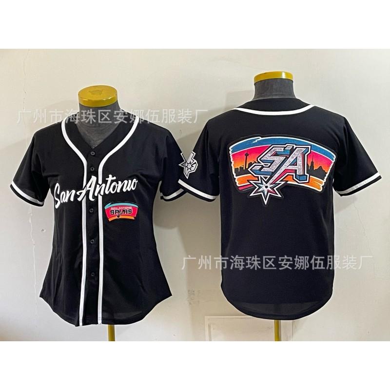 2026 Spurs 5 11 Print Baseball Cardigan Women Short Sleeve Embroidery Team Sports Top