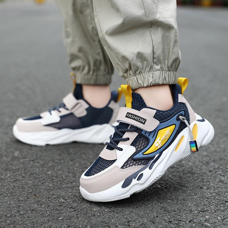 Boys shoes 2025 autumn new double mesh leather surface breathable hollow children's sports shoes medium older boys running shoes
