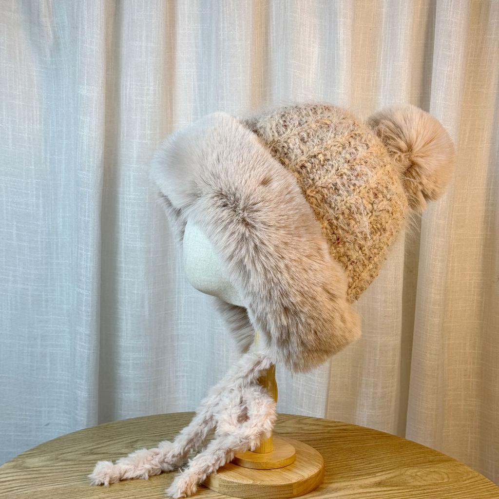 Winter Plush Brown Knitted Lei Feng Hat for Women Double Sided Velvet Warm Ear Protection Hat Versatile and Sweet Pullover