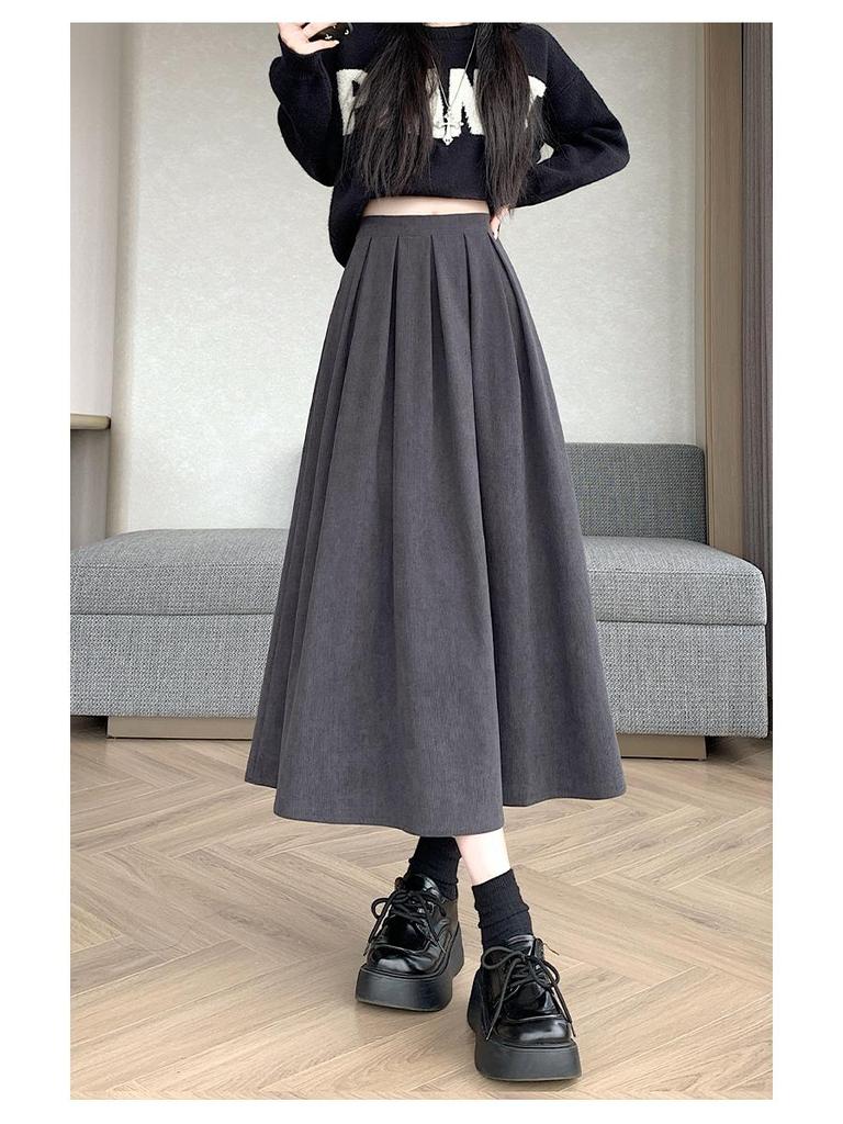 Plus Size Women's Corduroy Pleated A-Line Midi Skirt - Autumn/Winter