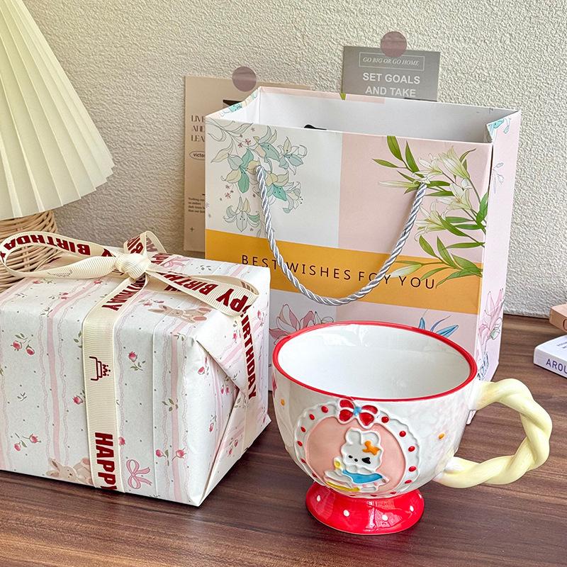 High-value underglaze color relief breakfast oat cup girls large-capacity ceramic mug birthday gift souvenir