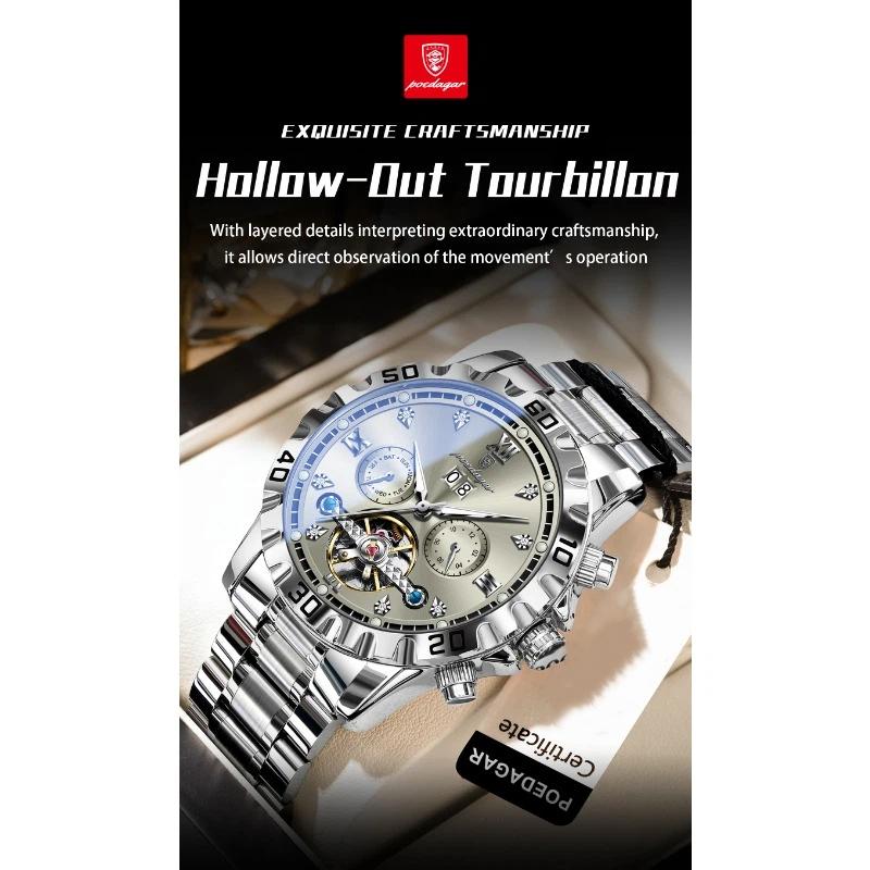 POEDAGAR Top Luxury Men Watch Automatic Date Week Man Wristwatch Hollow Tourbillon Mechanical Stainless Steel Watches