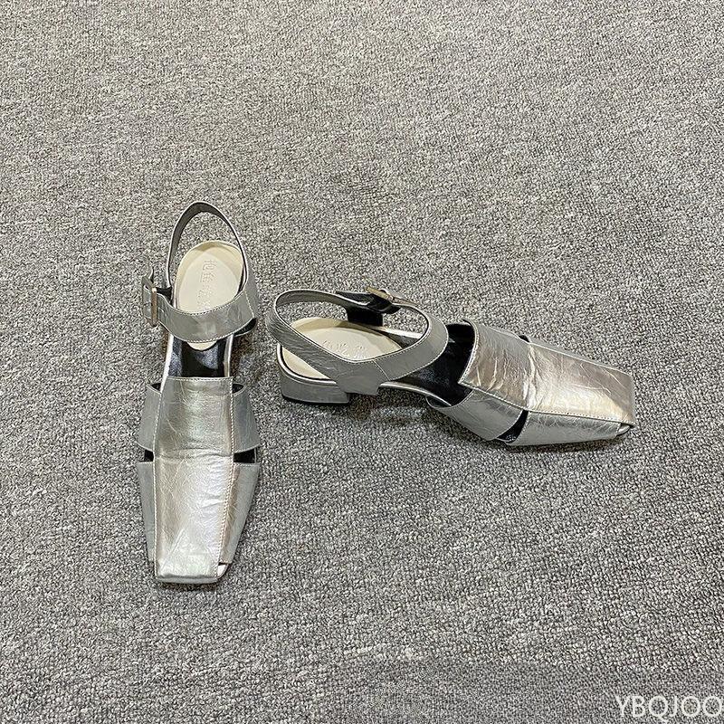 2025 new Summer Hollow Out Women Sandals Fashionable versatile Silver Chunky Pumps Luxury Design Buckle Strap Slingback Shoes