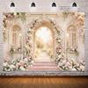 7x5ft Floral Garden Wedding Backdrop for Photography, European Arch Pink Rose Palace Background, Romantic Spring Flower