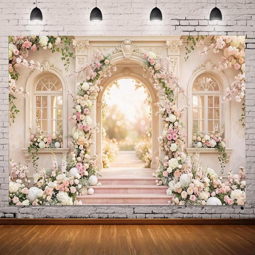 7x5ft Floral Garden Wedding Backdrop for Photography, European Arch Pink Rose Palace Background, Romantic Spring Flower