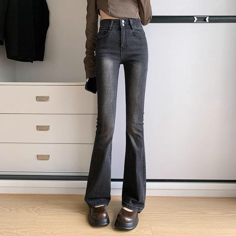 

Women s Cement Gray High-Waisted Flare Jeans with Plus Velvet, Slimming Bootcut, and Elastic Fit for Autumn/Winter. S