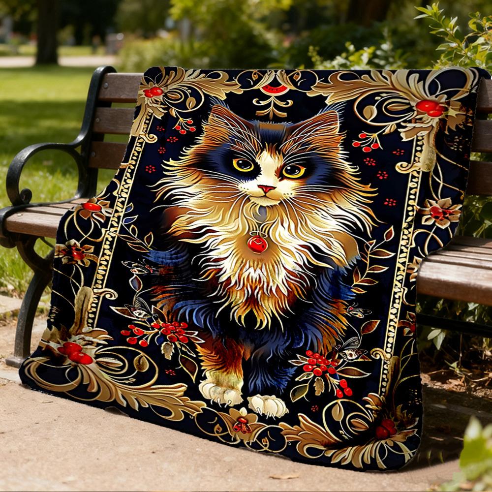 1pc Cat Ornament Print Outdoor Blanket, Lightweight Polyester,