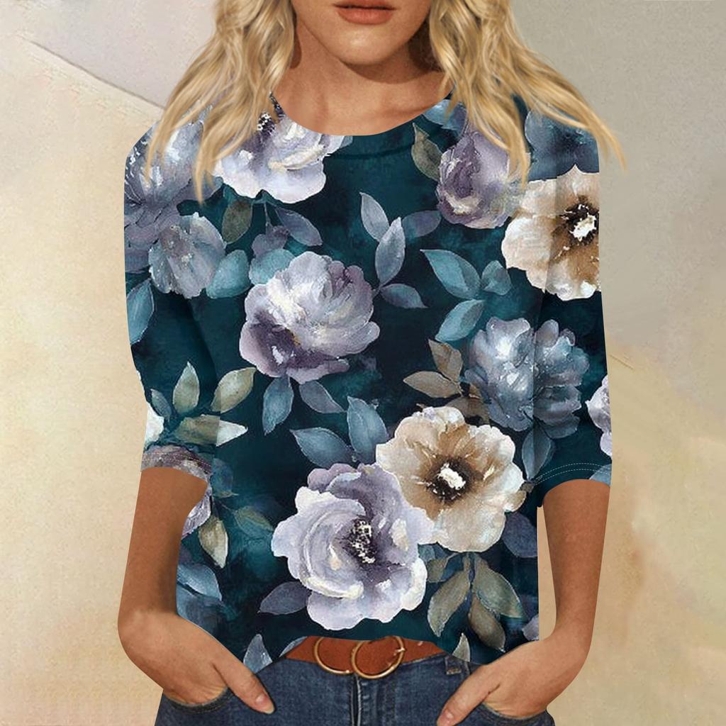 Women's Fashion Casual Round Neck Three Quarter Sleeve Printed T-Shirt Top