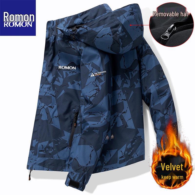 Romon Herren Camouflage Fleecegefütterter Kapuzen-Wasserabweisender Windbreaker Parka