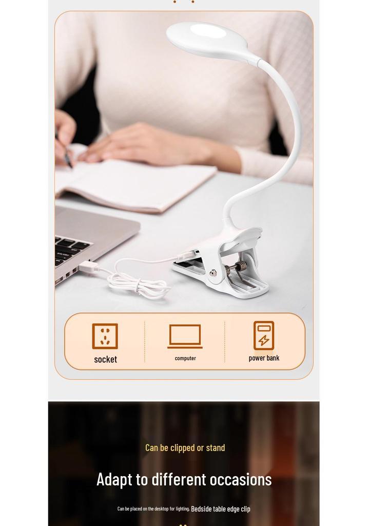 Clip-on Desk Lamp with Long Battery Life, Eye Protection, Dual Charging Options, and Bedside Use