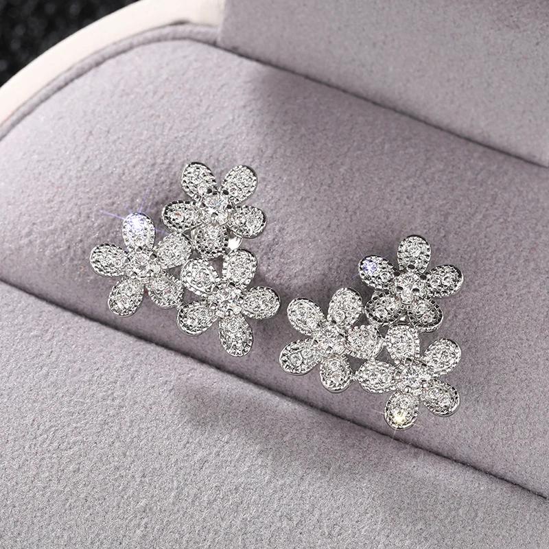 Huitan Beautiful Flowers Stud Earrings with Shiny Cubic Zirconia Graceful Exquisite Sweet Accessories Trendy Wedding Jewelry