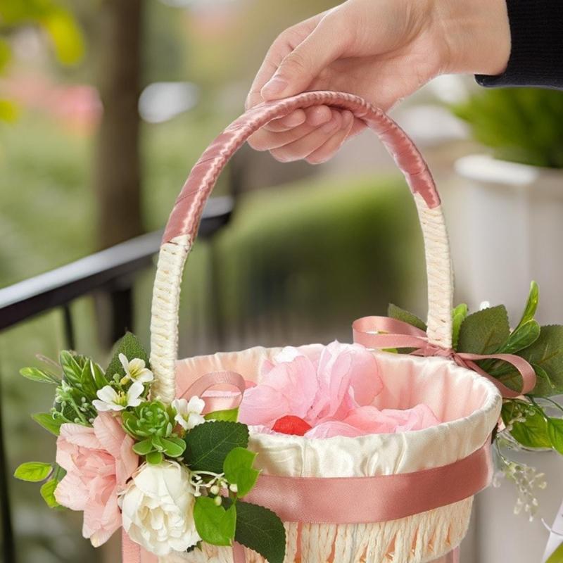 Rattan-Blumenkörbe Kleine Halbmond-Rattan-Körbe Mit Griff Und Plastik-Einsatz Für Hochzeits- Und Heimdekorationen