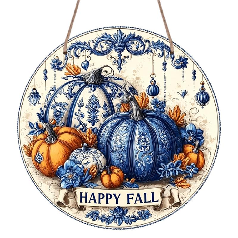 2D Flat Printed, 1pc Blue & White Porcelain Autumn Pumpkin Wall Art - Aluminum Hanging Circular Pediment with Happy Fall Design, Lightweight Durable