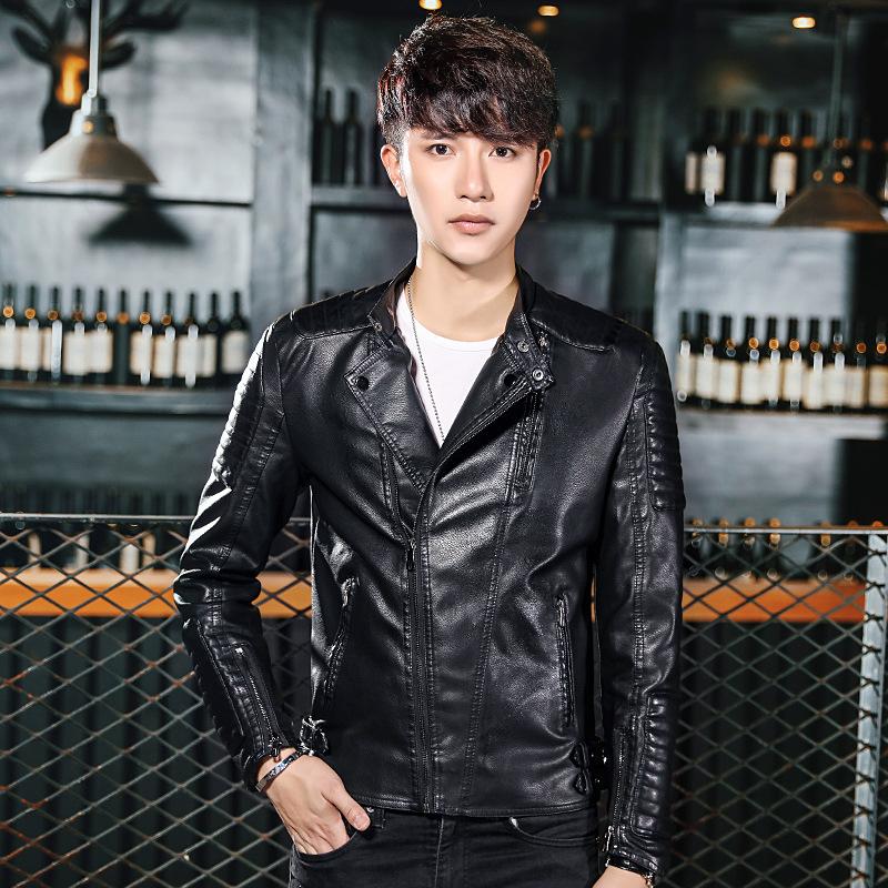 Autumn and winter men's leather jacket slim youth leather jacket locomotive PU leather velvet casual handsome jacket new