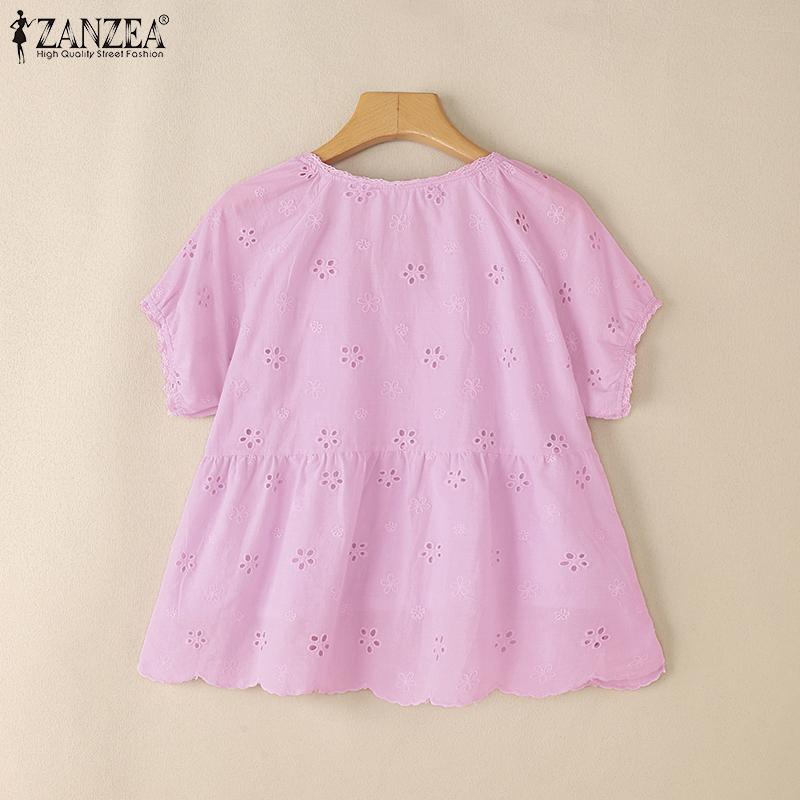 ZANZEA Damen Casual Rundhals Lose Stickerei Häkeln Kurzarm Bluse