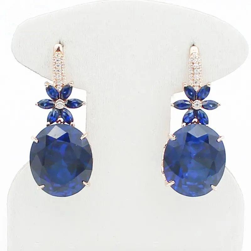 National Blue Stone Egg Surface Flower Shiny Earrings Cold Inlaid Zircon Personalized Rose Gold Plated Earrings