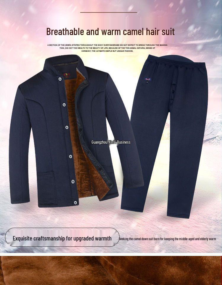 Men's Winter Warm Set: Cotton-Padded Jacket and Pants for Seniors – Fleece-Lined, Camel Down, Ideal for Dad or Grandpa.